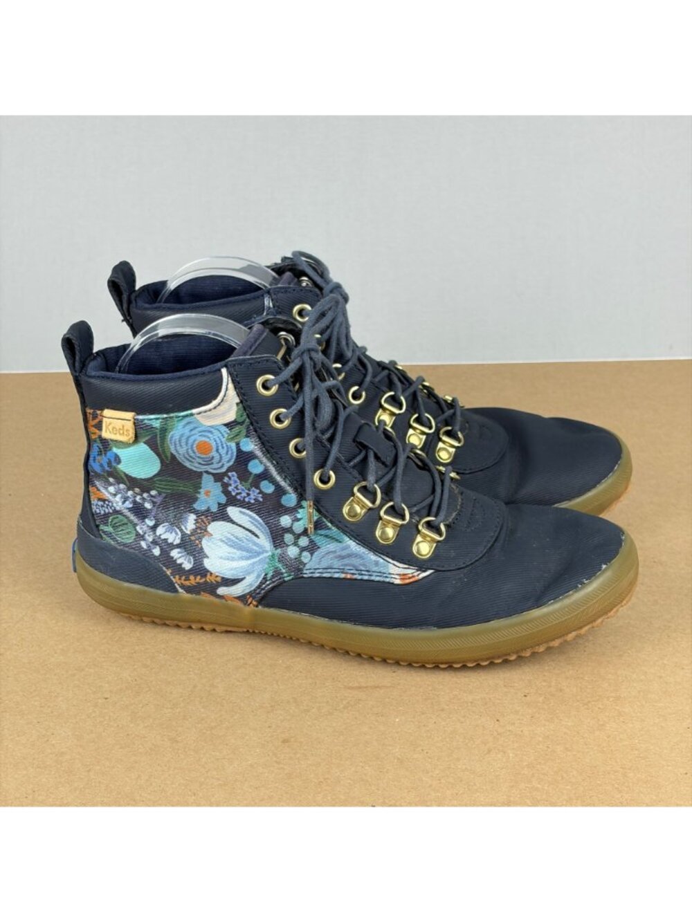 Keds Rifle Paper Company Floral Black Ankle Boots Womens 7.5 Navy Blue Lace Up - Picture 3 of 10